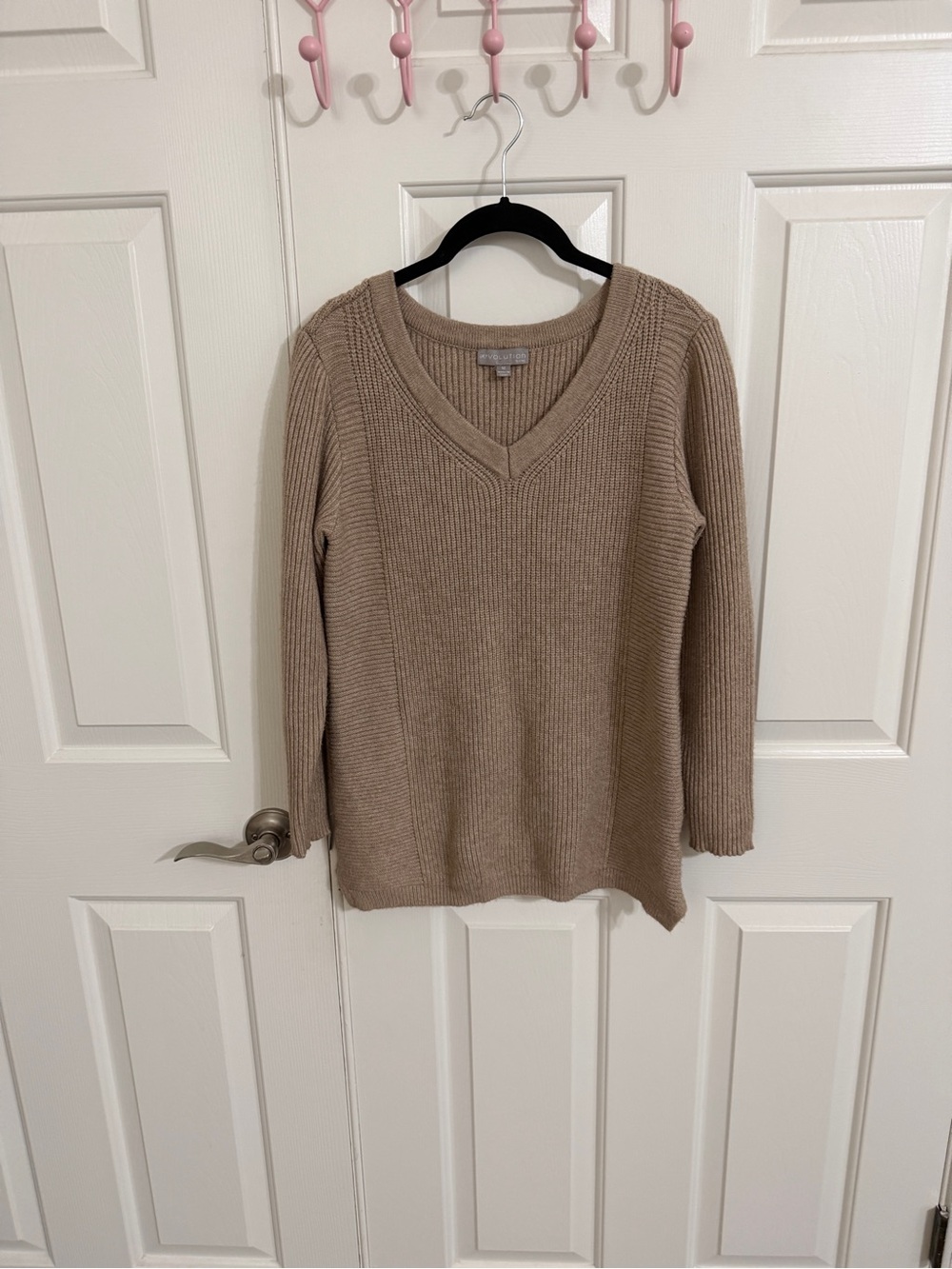 Evolution by Cyrus M Fawn Brown V-Neck Mixed Rib Knit Sweater